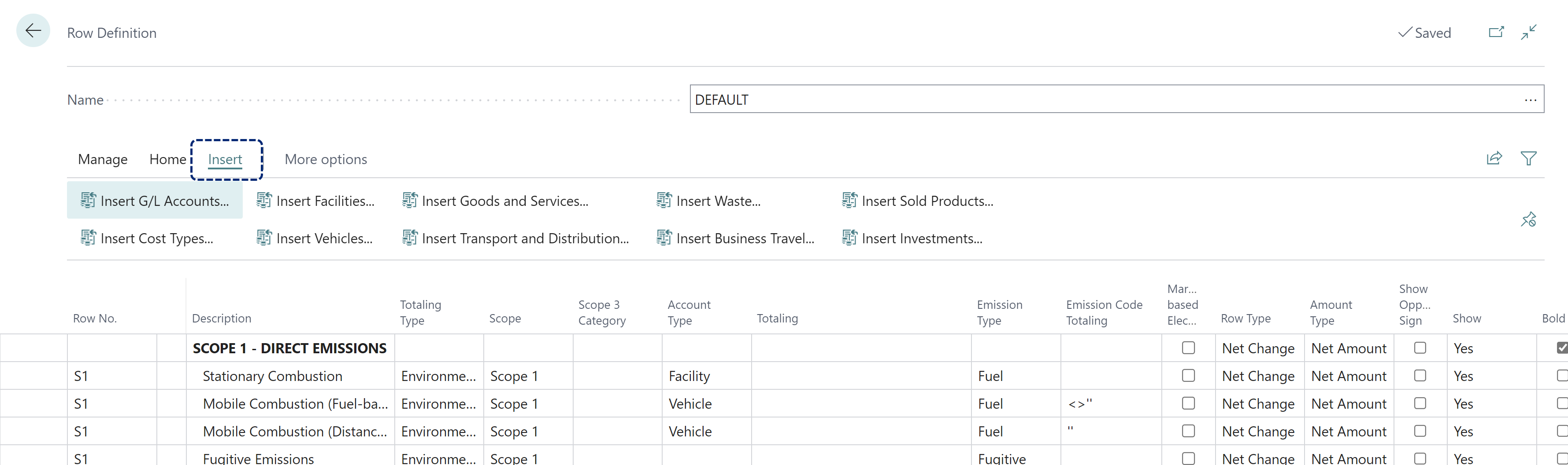 Reports Row definition Insert actions