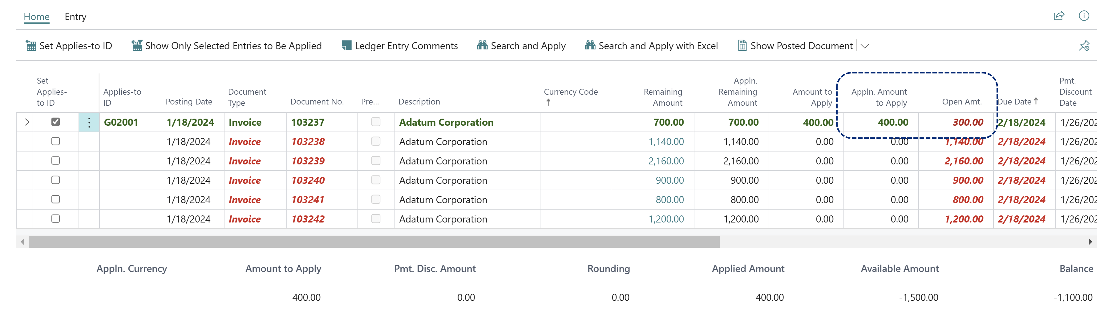 Apply customer entries partial payment