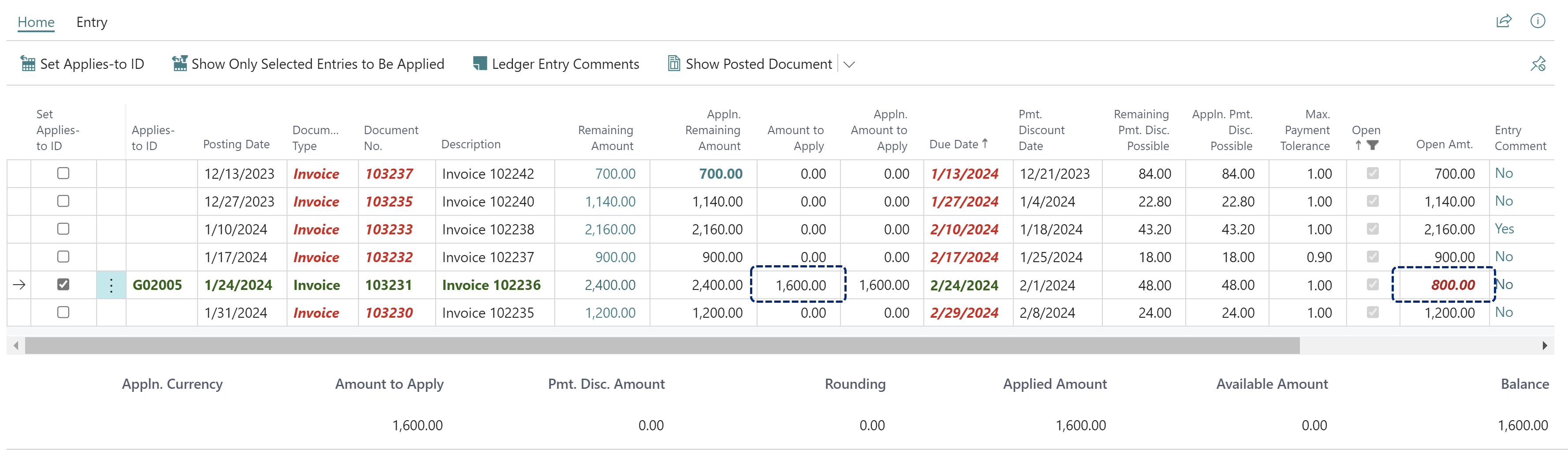 Apply customer entries partial payment