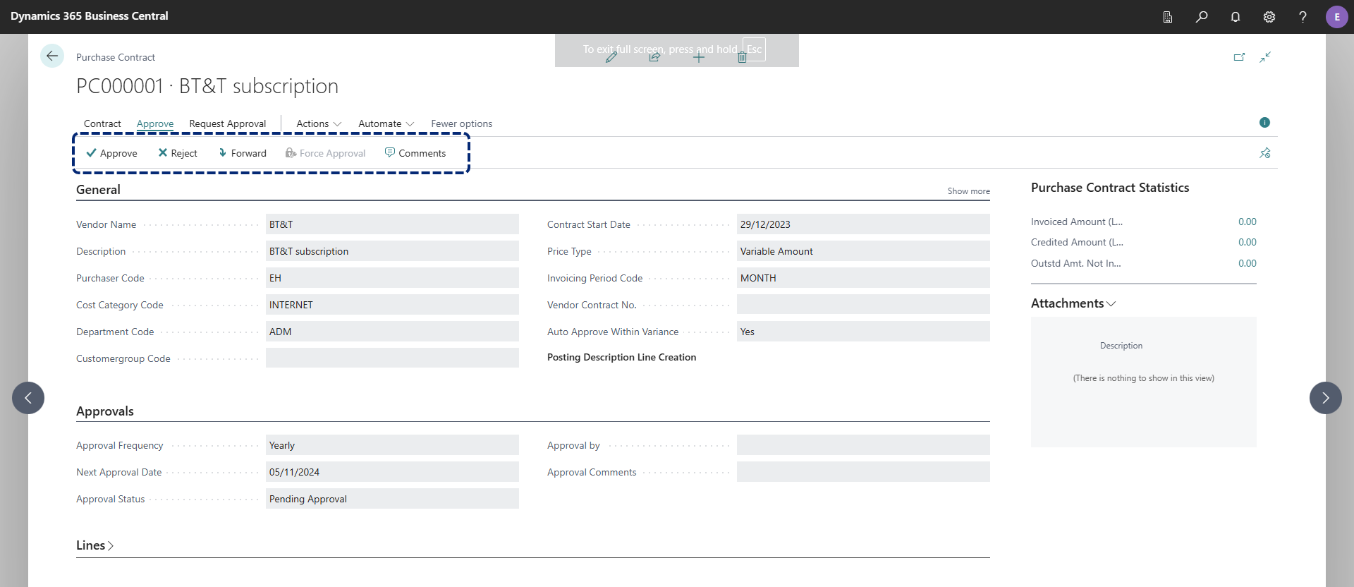 DC Purchase Contracts page Approval options