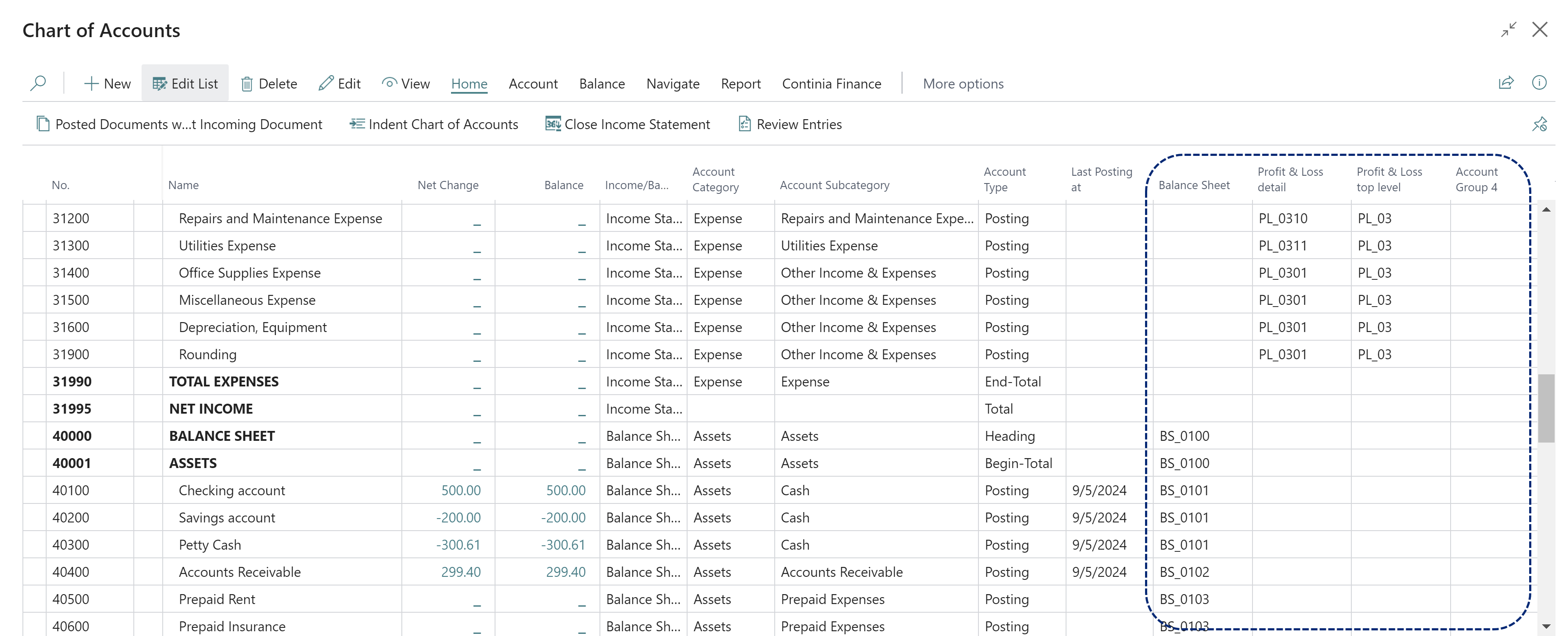 Chart of Accounts Account Group columns