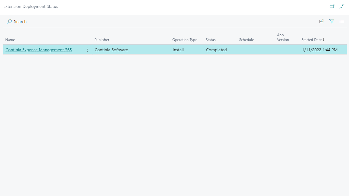 Expense Management installed on deployment status page