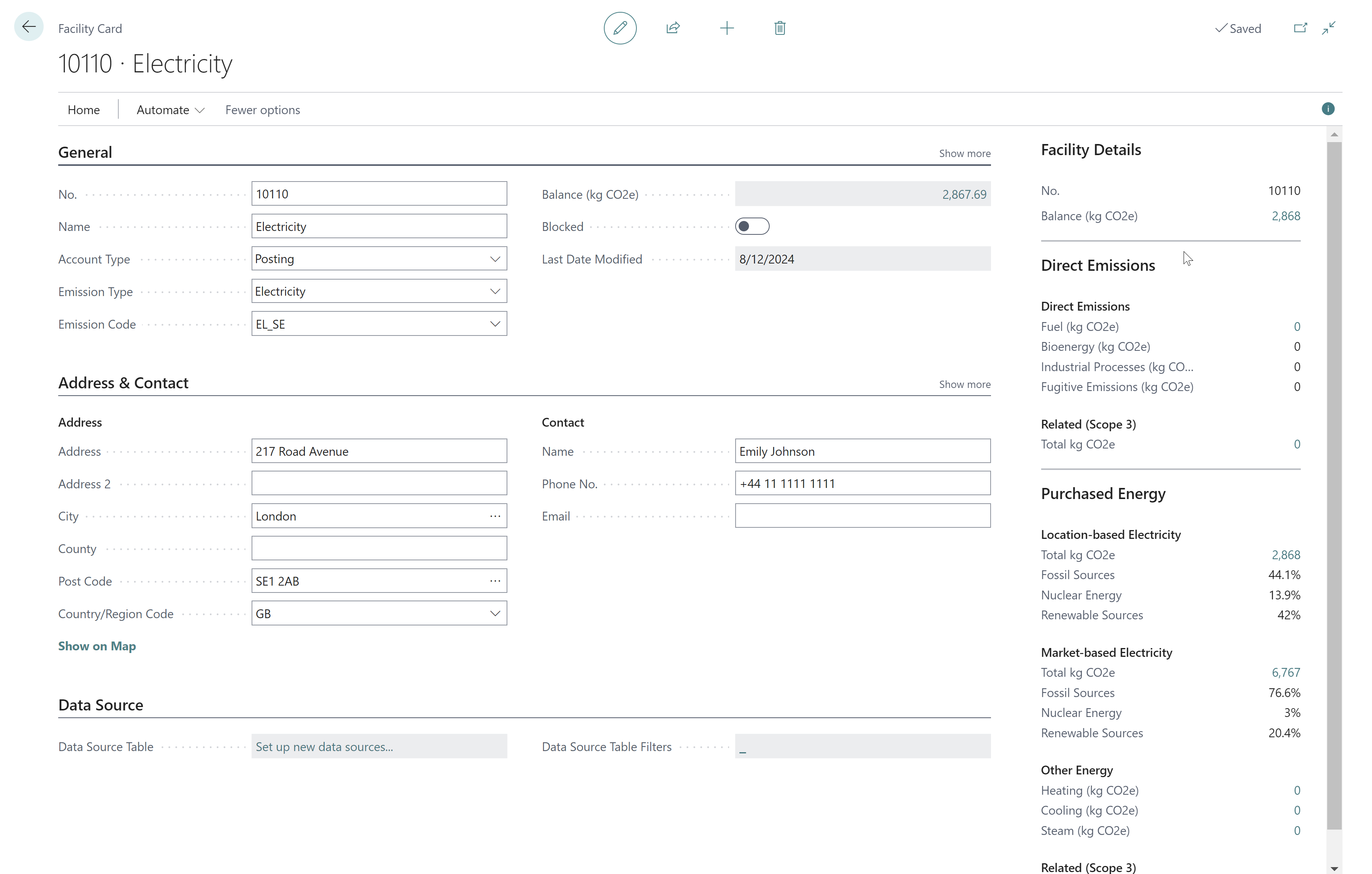 Enviro accounts Facilities Electricity card example