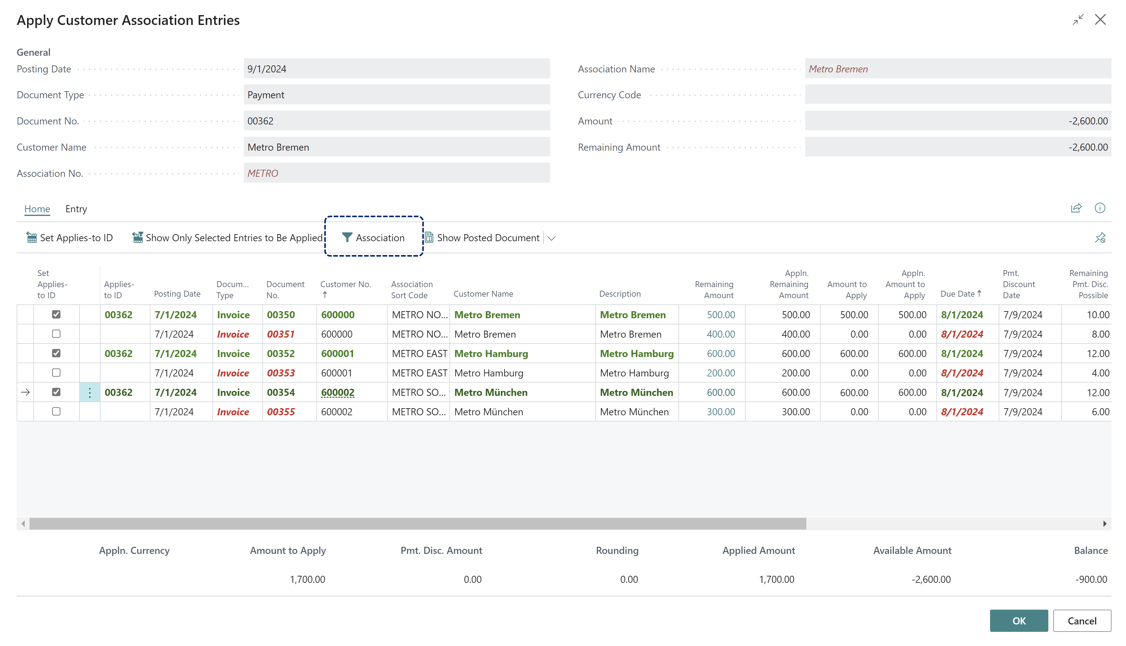 Apply payment to customer association entries