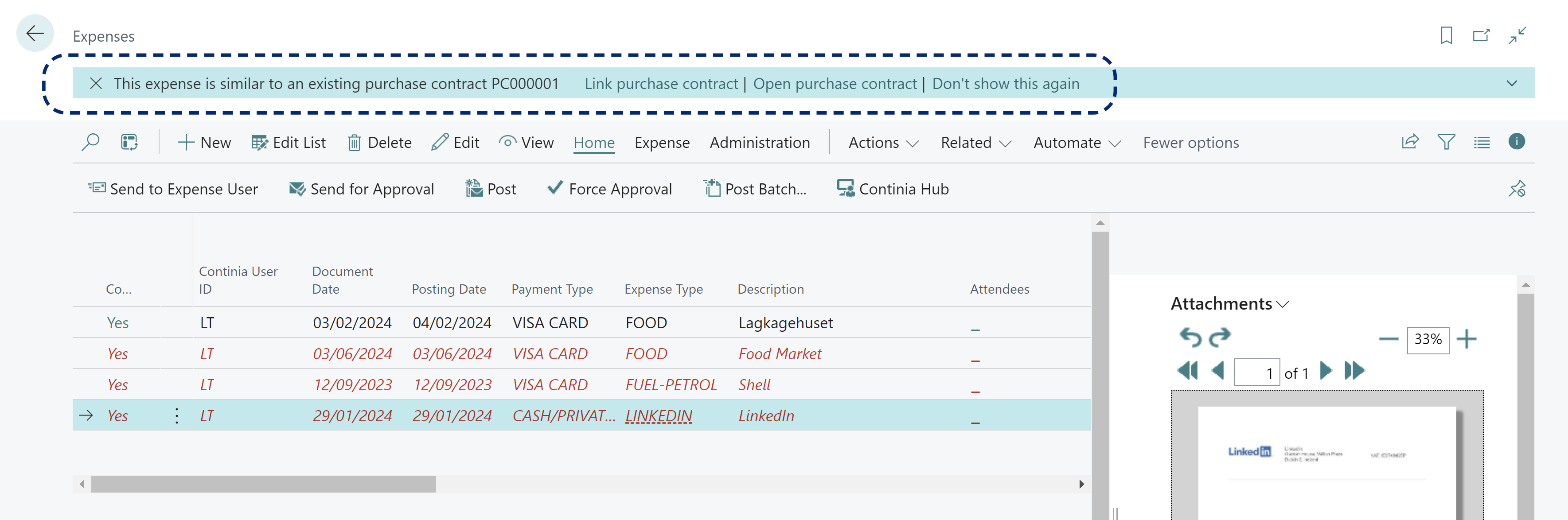 Expenses page_Link or open purchase contract notification