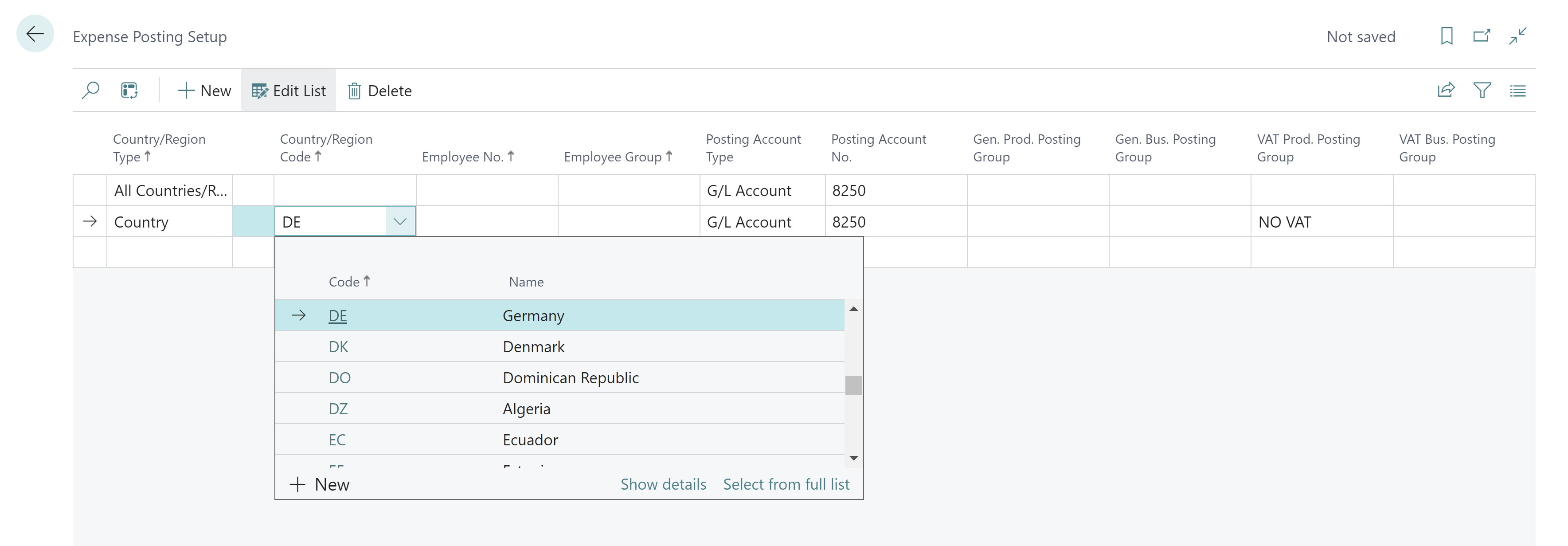 Expense posting setup with country/region columns