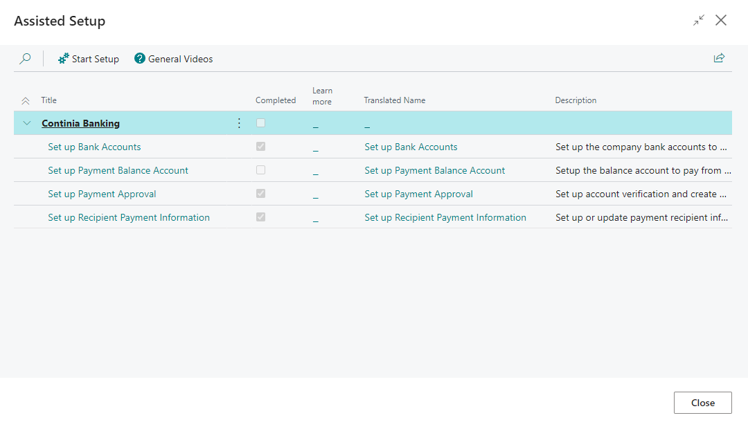 CB Continia banking setup Assisted setup