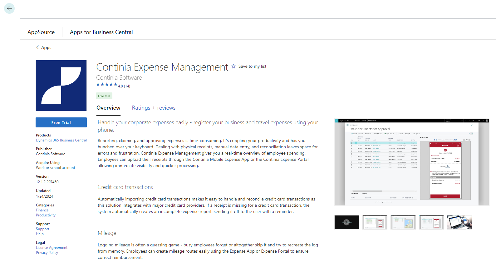 Expense Management app page on marketplace