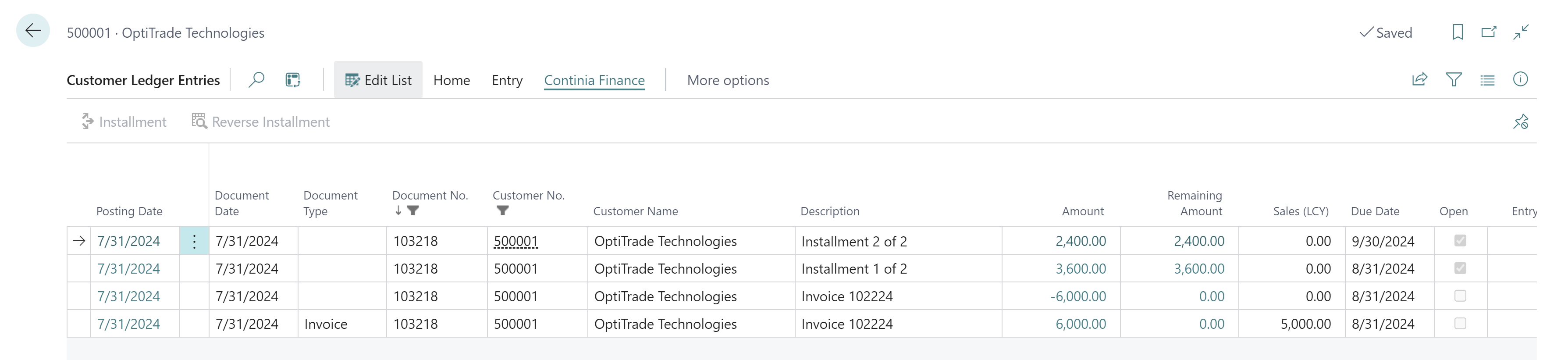 Customer Ledger Entries Installment entries