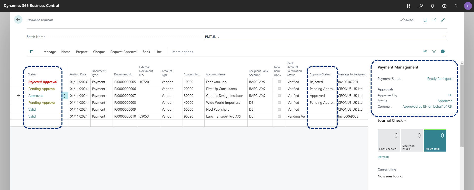 PM Payment journal Approval status