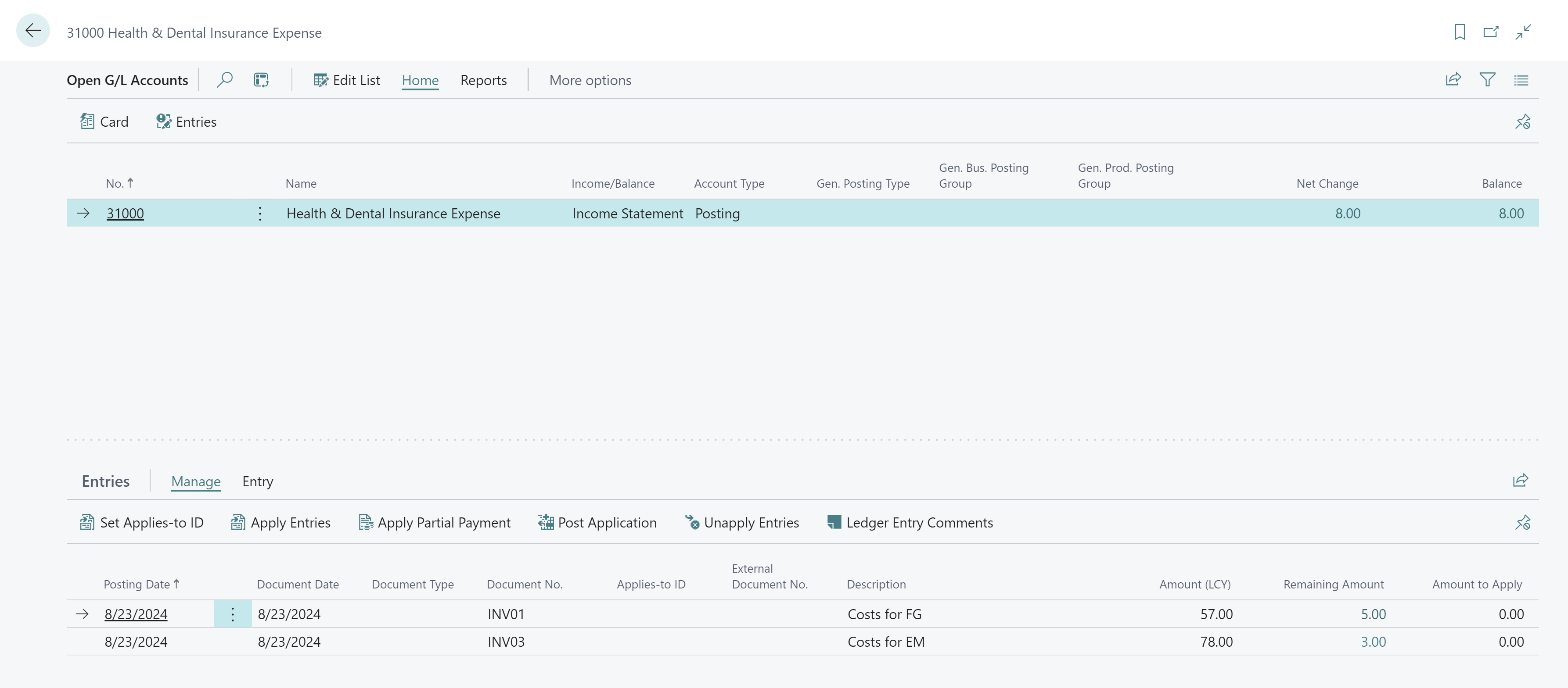 Open GL Accounts page View entries