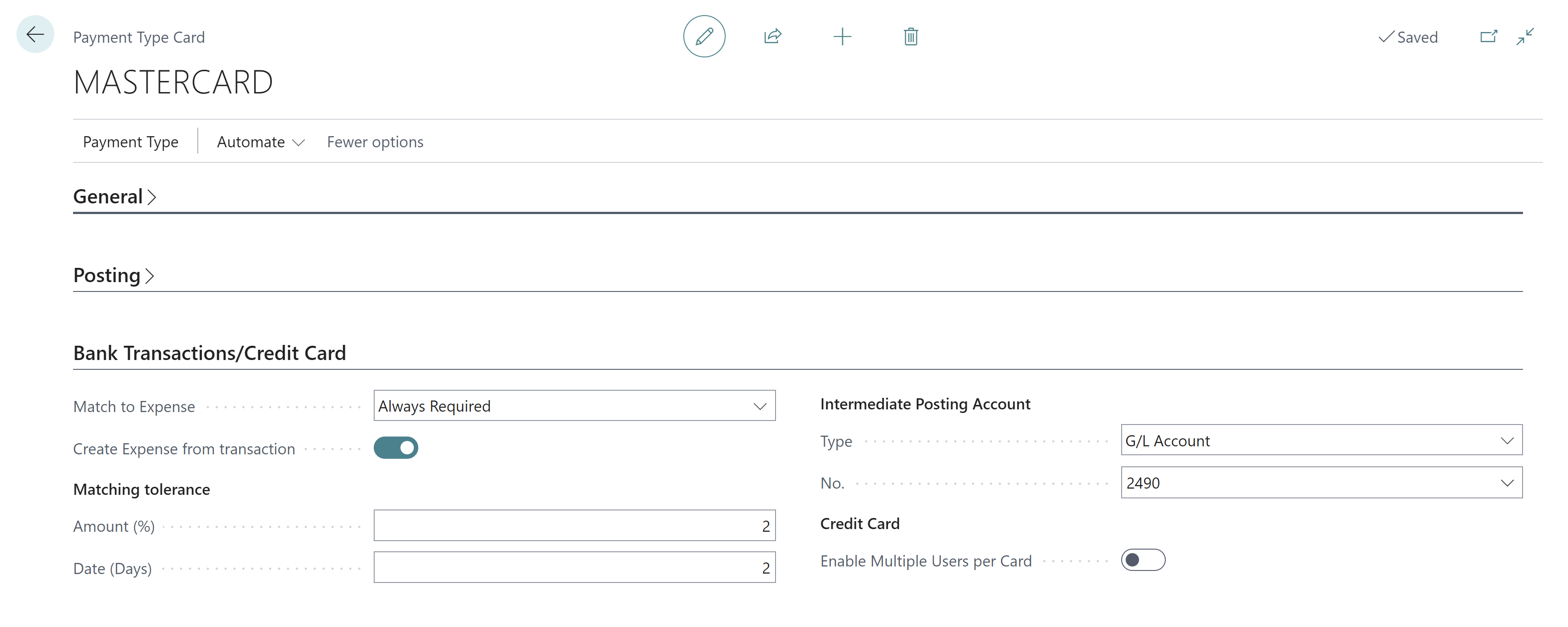 Payment Type Card_Bank Transactions Credit Card FastTab fields