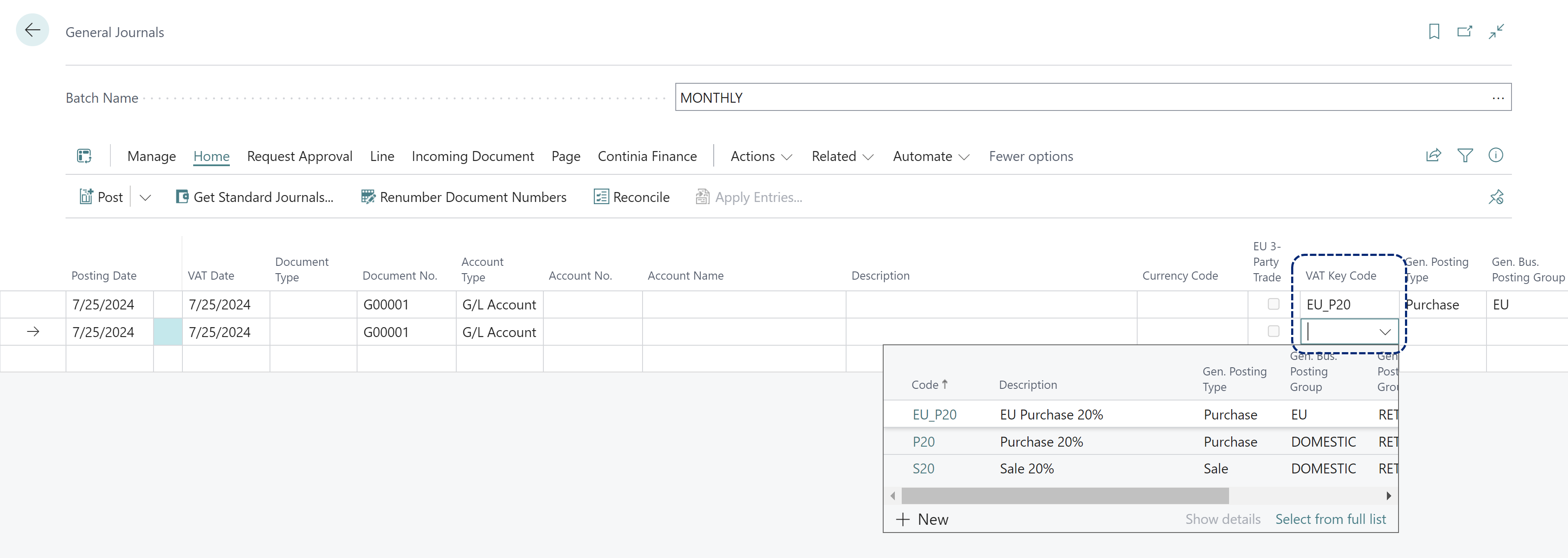 General Journals Apply VAT Key Code