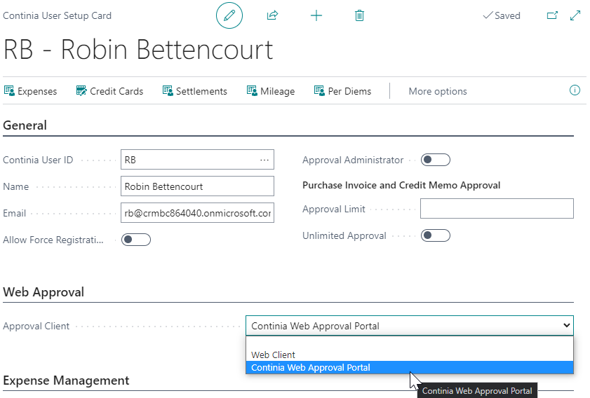 Approval client Continia User Setup card