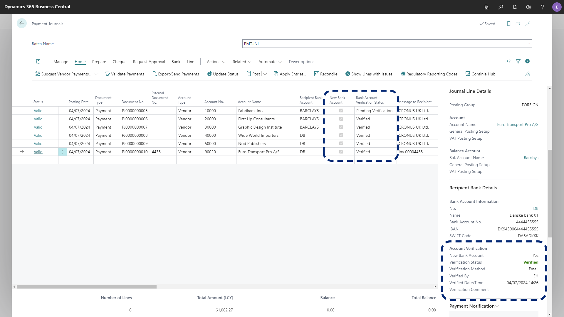 PM Payment Journal bank account verification status