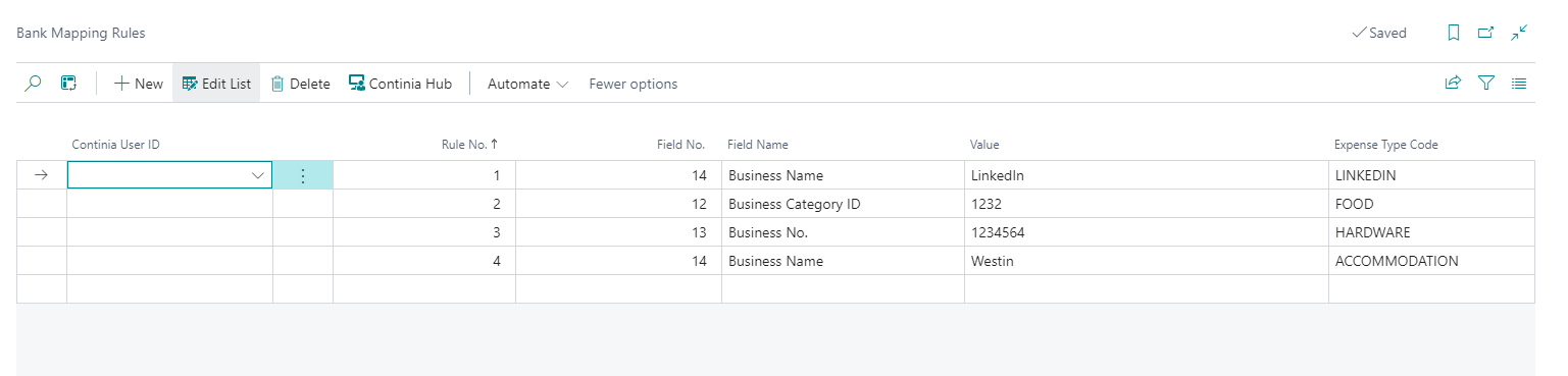 Bank mapping rules list