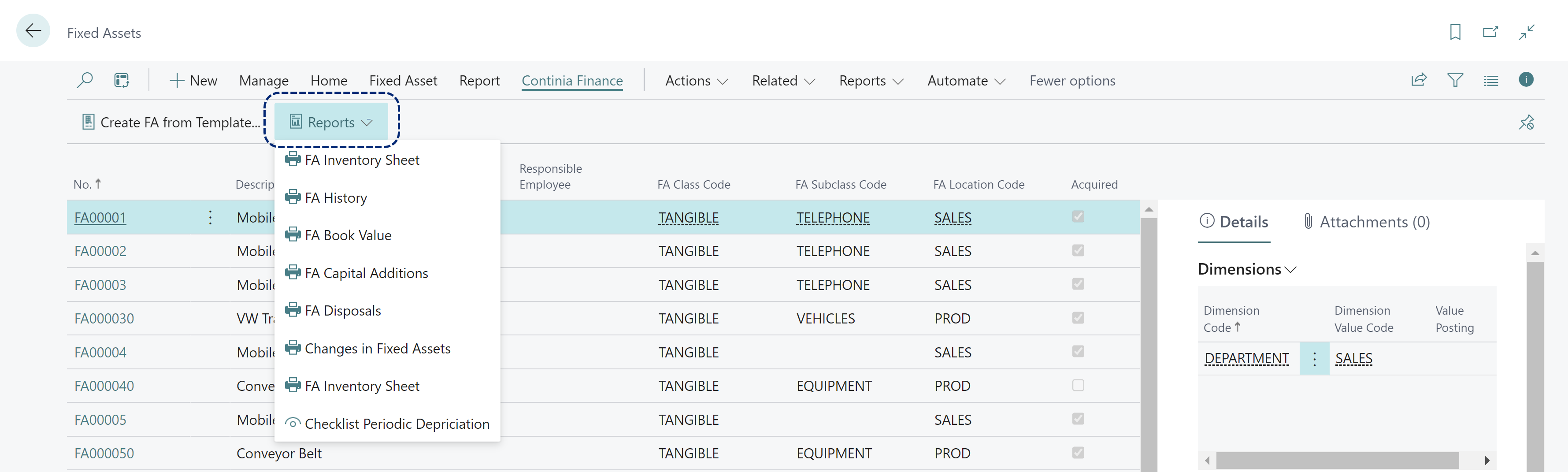 Fixed Assets Continia Finance Reports actions