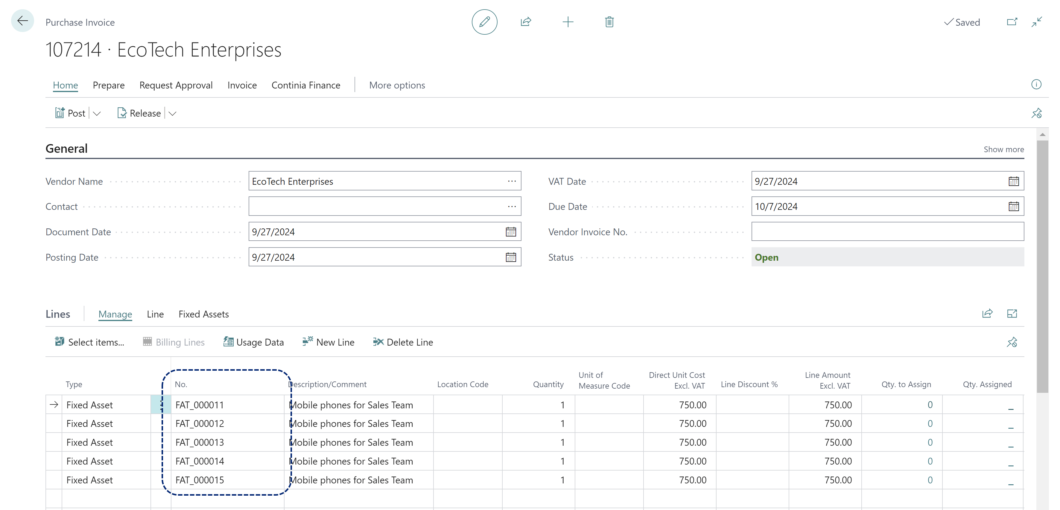 Purchase Invoice FA Template applied