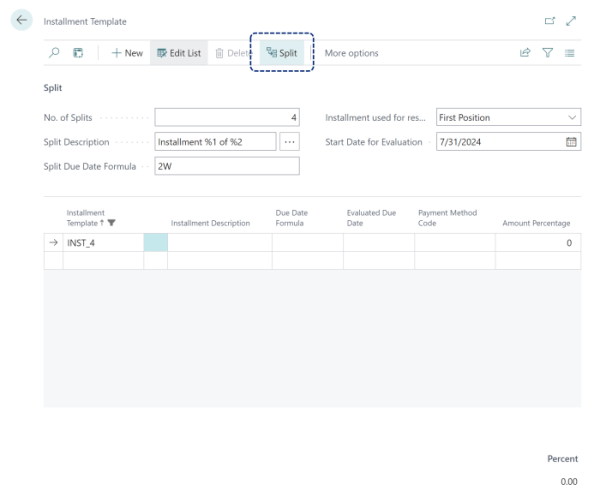 Installment Template New Split action