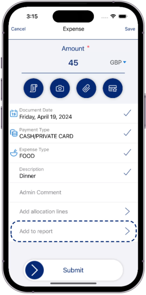 Expense app focus on add to report
