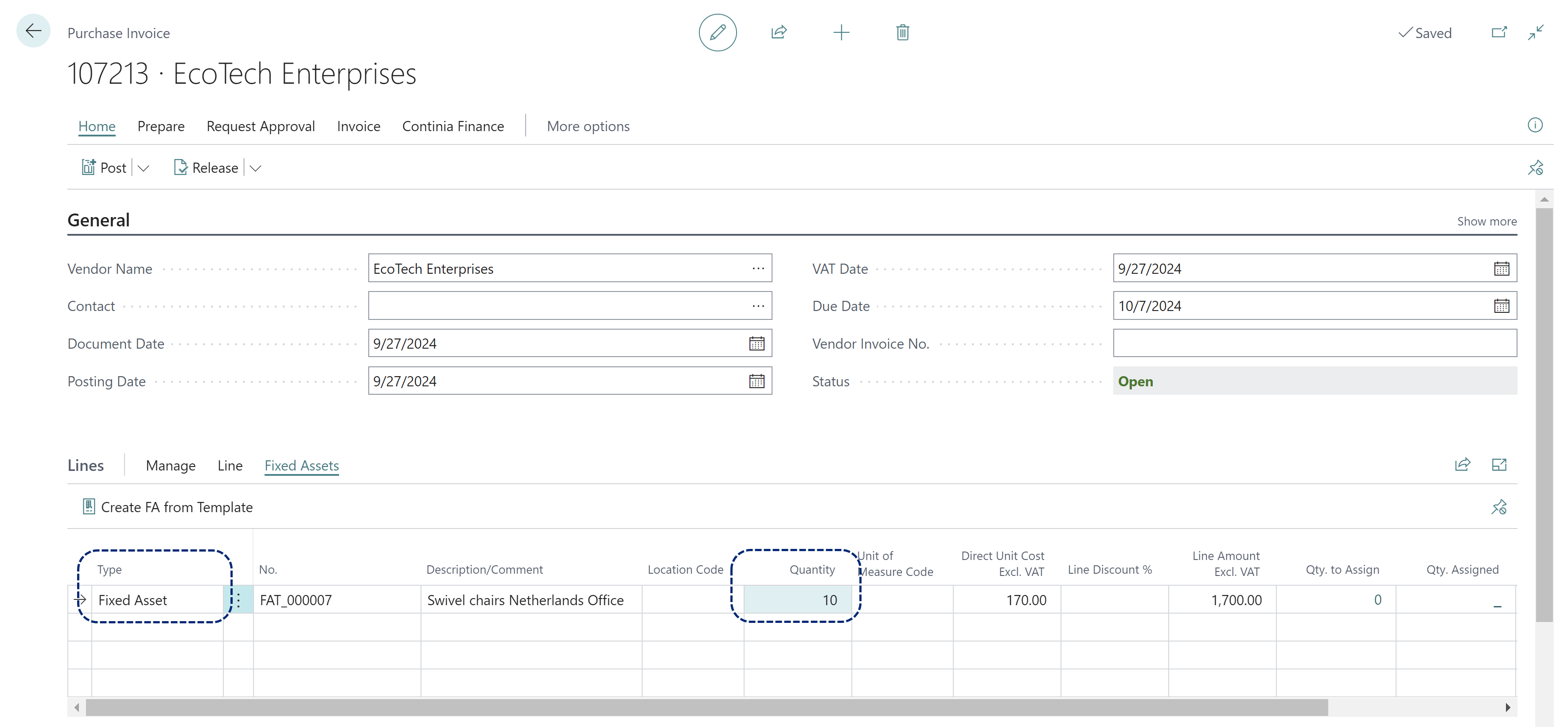 Purchase Invoice Fixed Asset Quantity