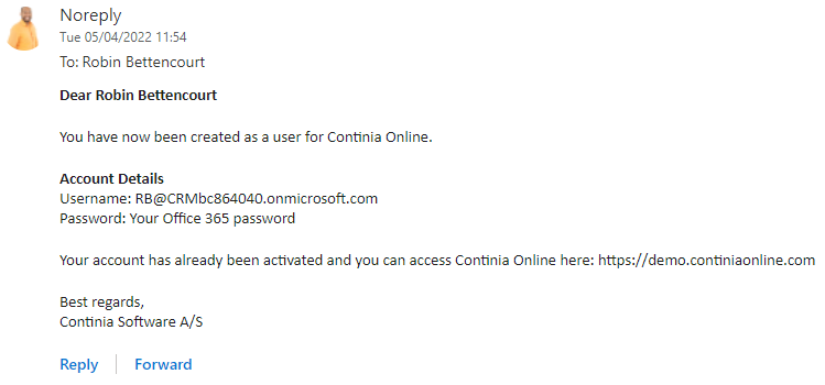Welcome email to Continia CWAP