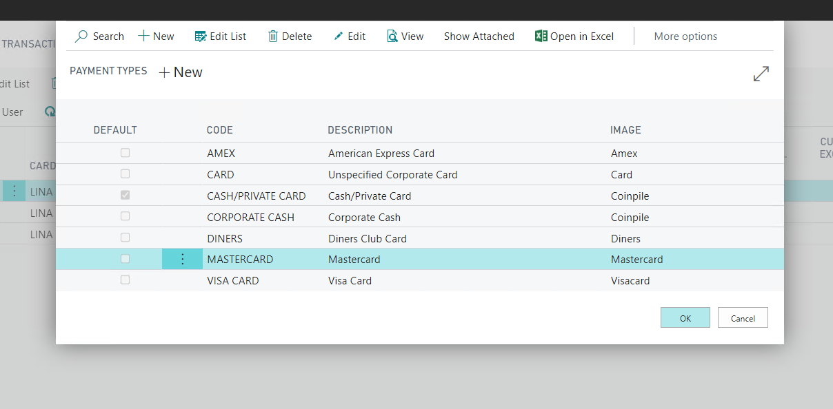 Payment Type selector to credit card transaction