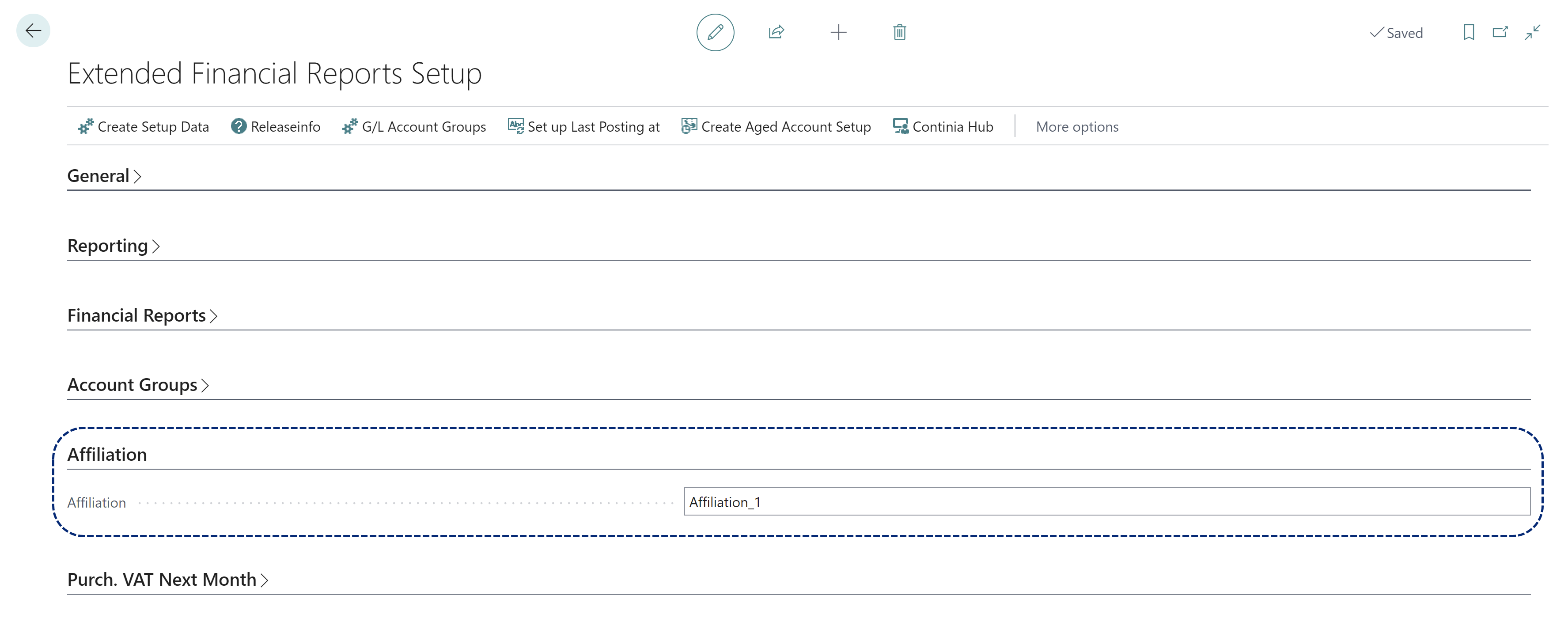 Extended Financial Reports Setup Affiliation