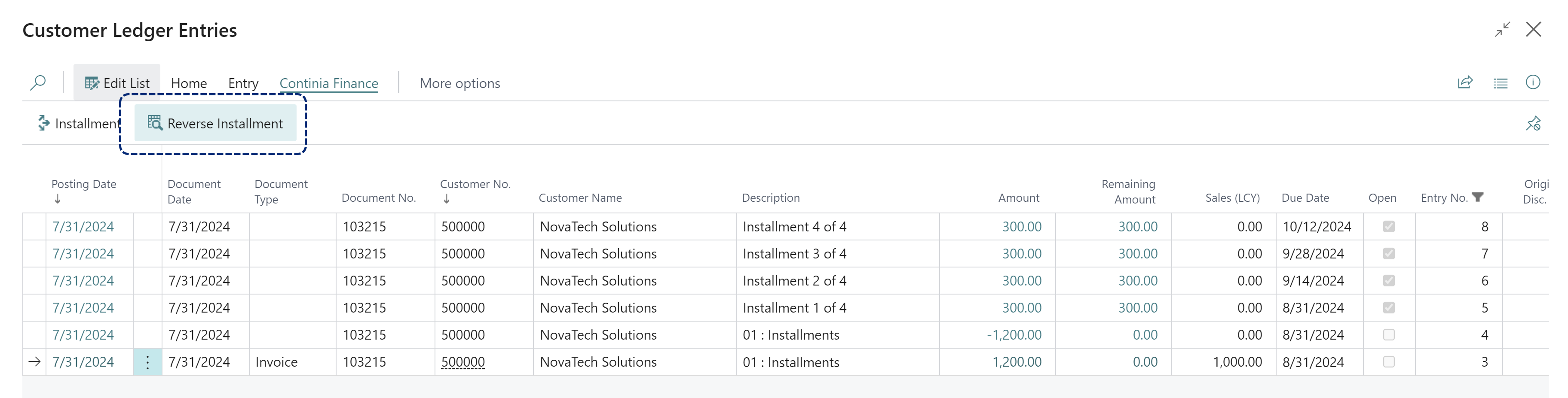 Customer Ledger Entries Reverse Installment