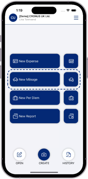 Expense App landing page select new mileage