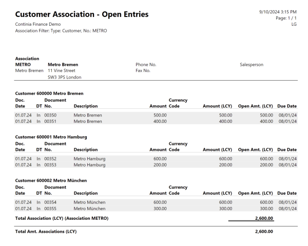 Customer Association Open entries report preview