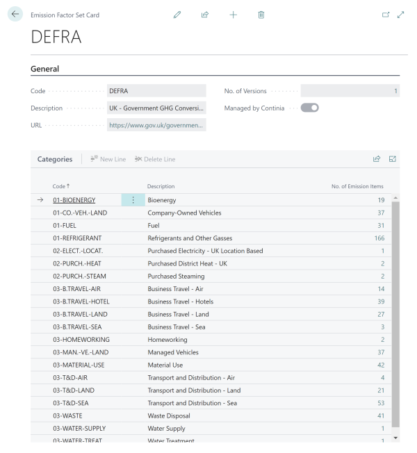 Emission Factor Set Card DEFRA example