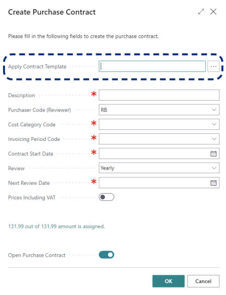 DC Create purchase contract form Apply template