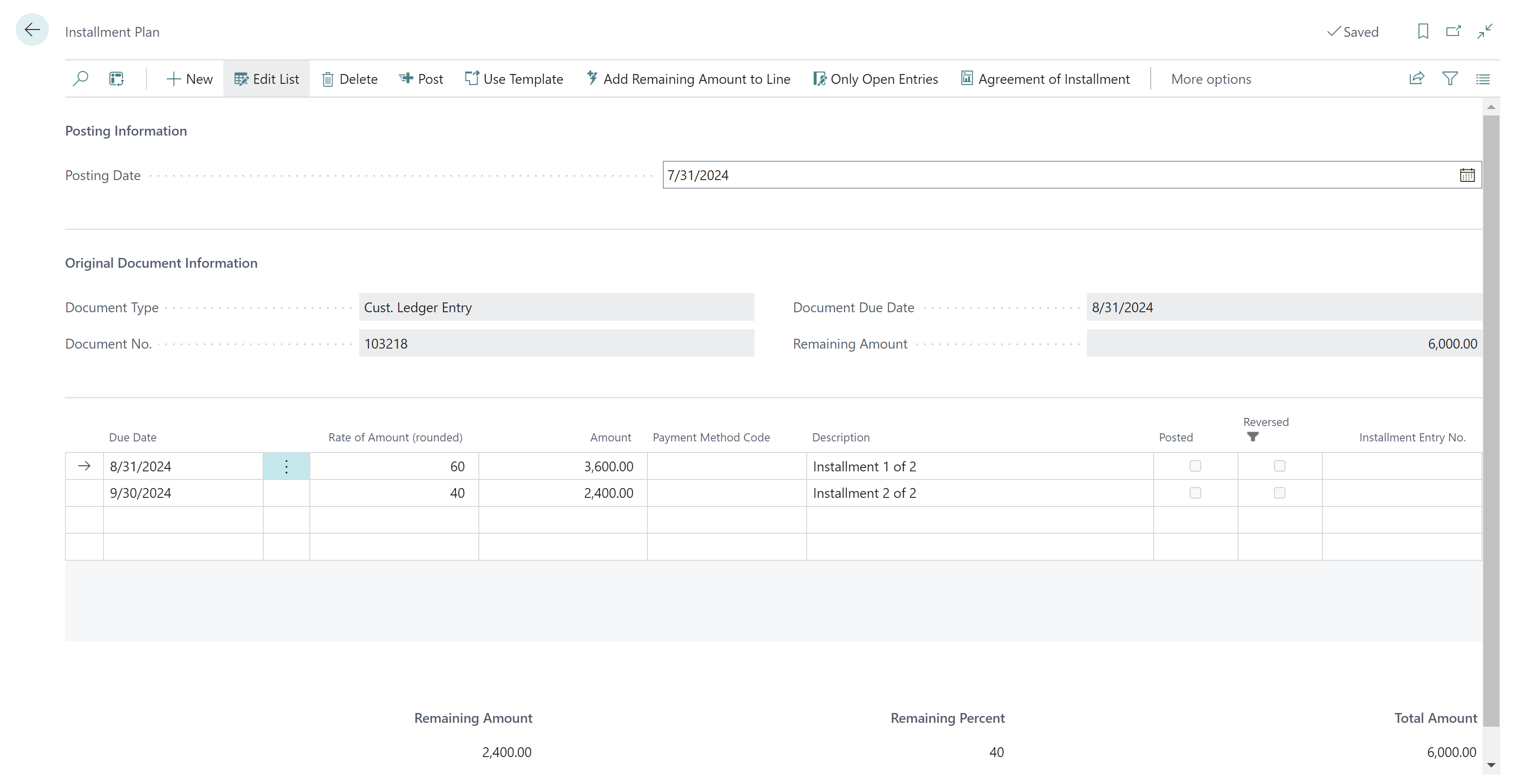 Installment Plan Adjusted lines