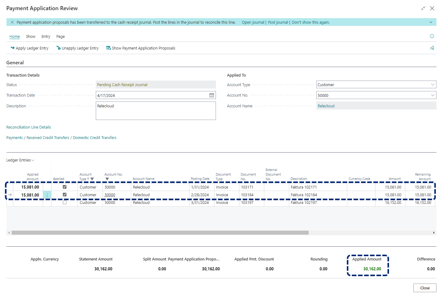 CB Payment Application Review Relecloud applied